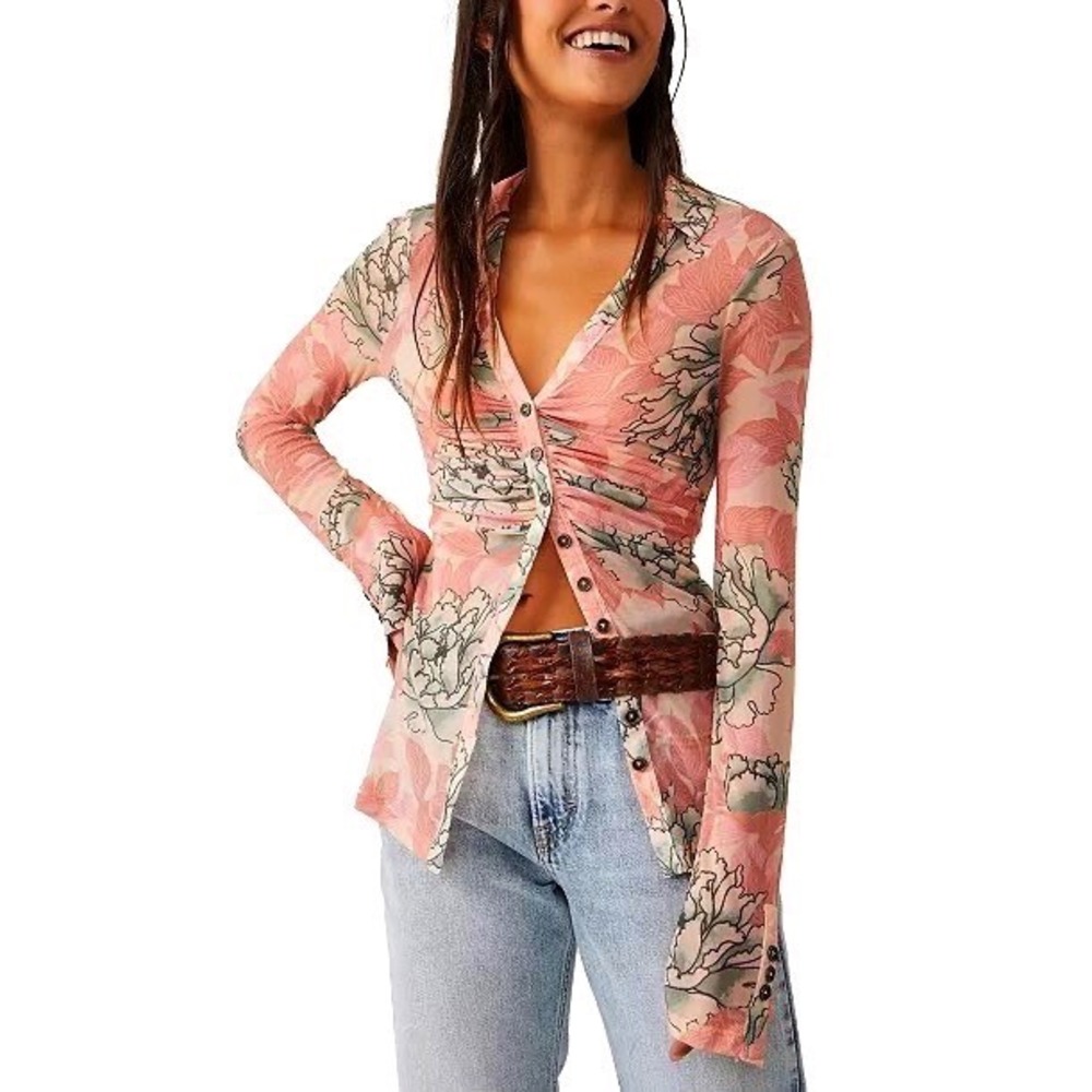 Free People Lucky Shirtee Floral Mesh Ruched‎ Button Up Top XS Sheer Boho